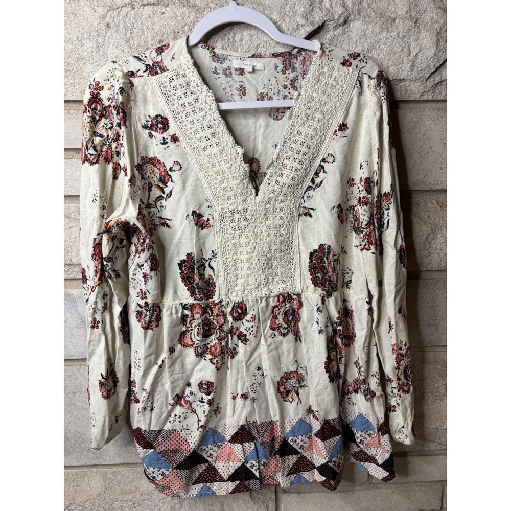 Maurices Womens Large Boho Floral Crochet Lace V Neck Peplum Blouse‎ Cream L